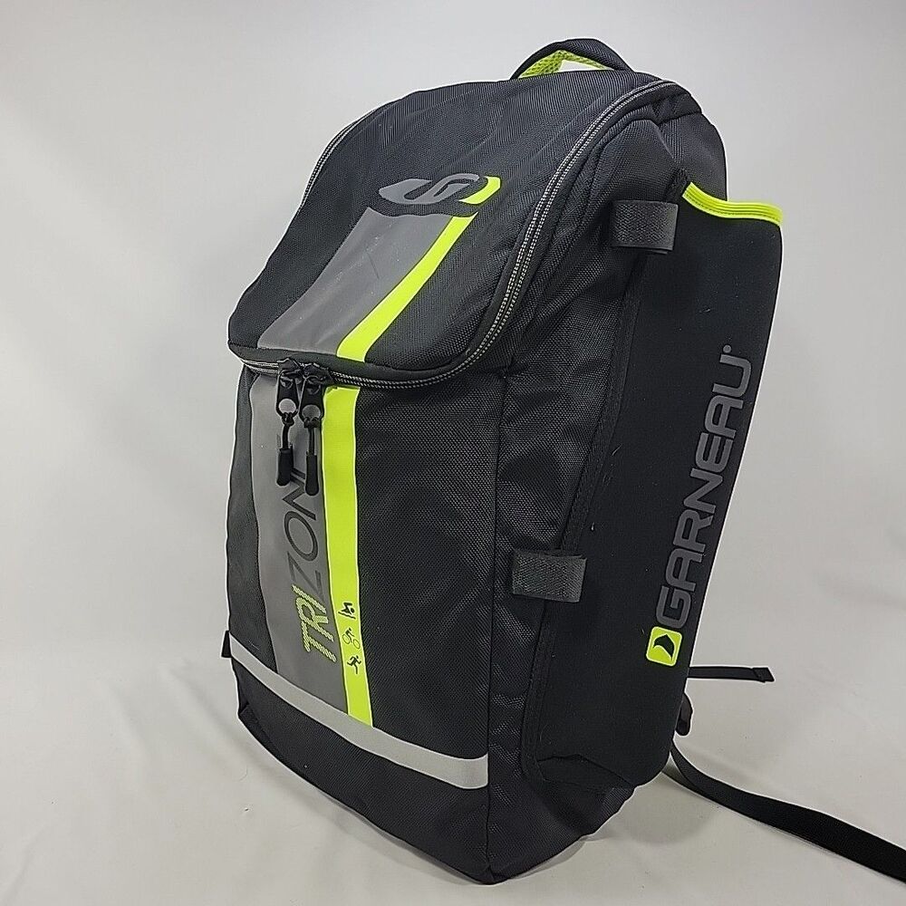 Garneau Black With Grey & Lime Trim TRIZONE 30L Backpack w/ Helmet and Wet Bags